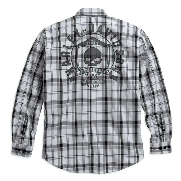 HARLEY-DAVIDSON Skull Shield Plaid Button Down Shirt Black White Gray Graphic - Picture 2 of 16